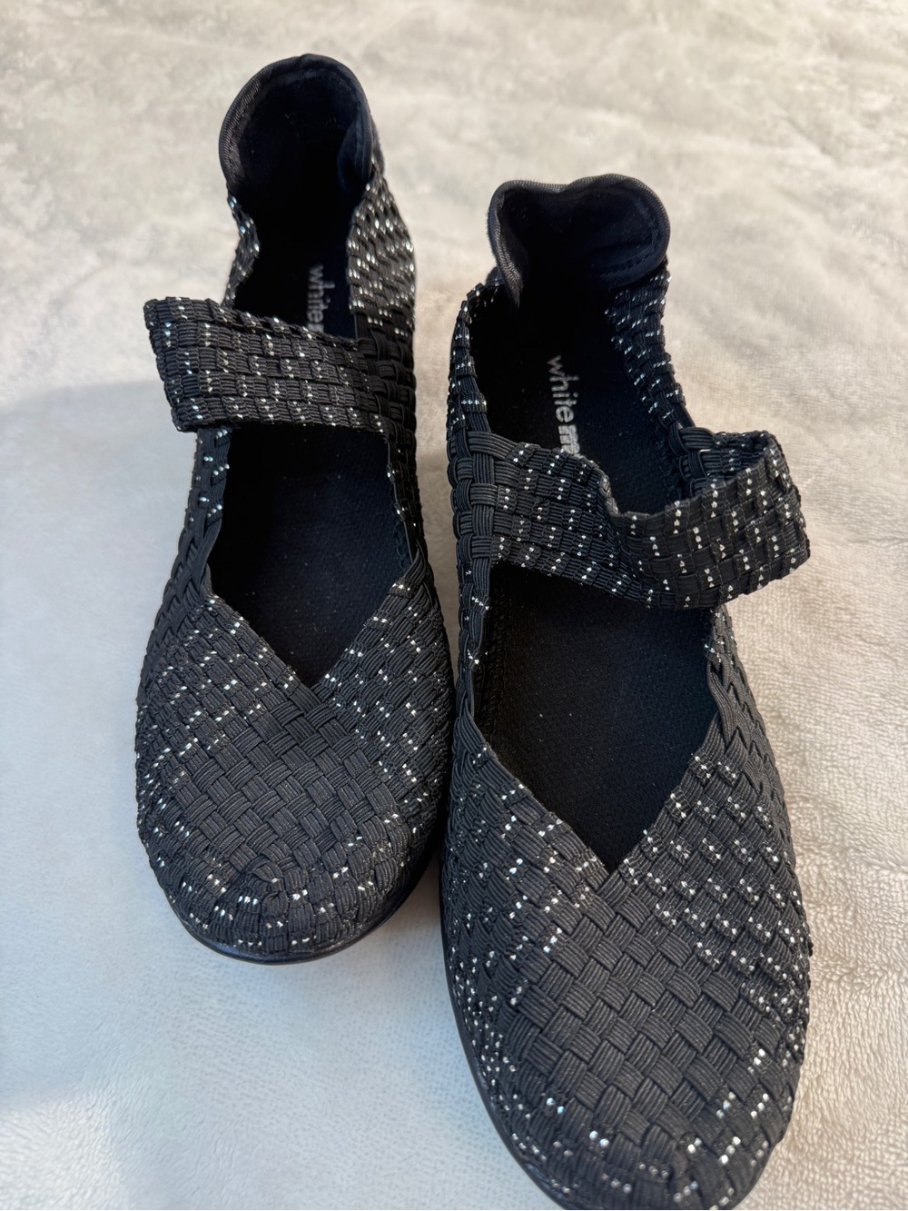 White Mountain Woven Wedge Mary Janes Black Silver Metallic Size 11